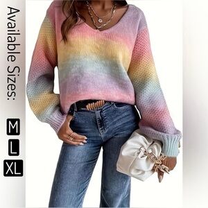 NEW-Rainbow V Neck Pullover Sweater